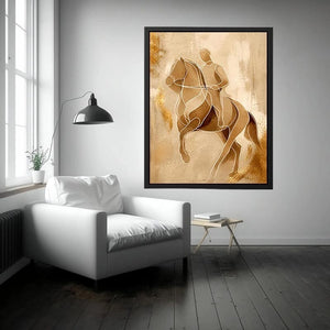 Minimalist horse rider line art wall art in beige and gold abstract modern luxury canvas print for contemporary home decor