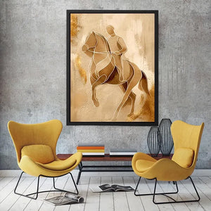 Minimalist horse rider line art wall art in beige and gold abstract modern luxury canvas print for contemporary home decor