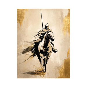 Modern armored horse rider wall art with gold accents and minimalist luxury equestrian canvas design