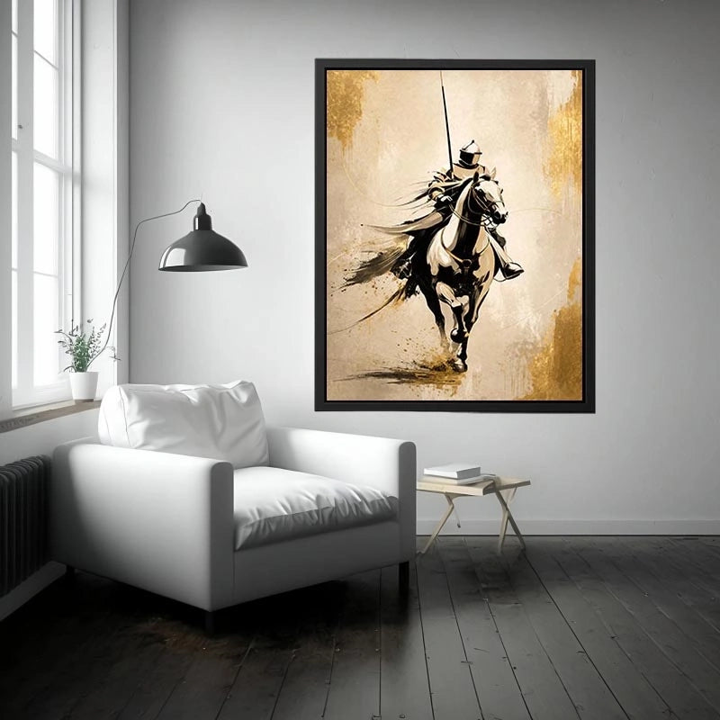 Modern armored horse rider wall art with gold accents and minimalist luxury equestrian canvas design
