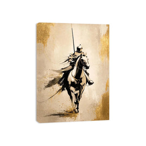 Modern armored horse rider wall art with gold accents and minimalist luxury equestrian canvas design