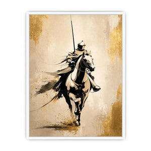Modern armored horse rider wall art with gold accents and minimalist luxury equestrian canvas design
