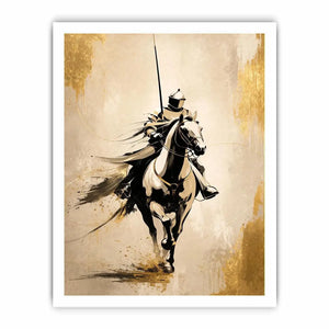 Modern armored horse rider wall art with gold accents and minimalist luxury equestrian canvas design