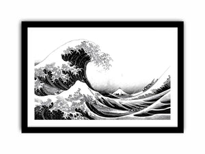 Black and white Japanese wave canvas art for modern living room decor.