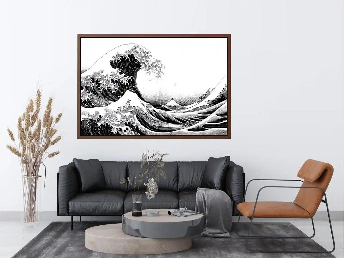 Black and white Japanese wave canvas art for modern living room decor.