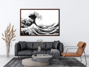 Black and white Japanese wave canvas art for modern living room decor.