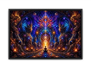 Surreal cosmic meditation canvas art with sacred geometry for luxury modern interiors.