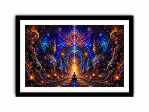 Surreal cosmic meditation canvas art with sacred geometry for luxury modern interiors.