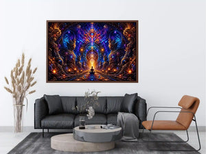 Surreal cosmic meditation canvas art with sacred geometry for luxury modern interiors.