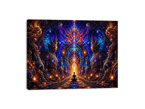 Surreal cosmic meditation canvas art with sacred geometry for luxury modern interiors.