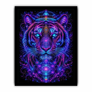 Neon tiger canvas art with sacred geometry for modern luxury living room decor.
