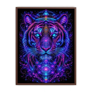 Neon tiger canvas art with sacred geometry for modern luxury living room decor.