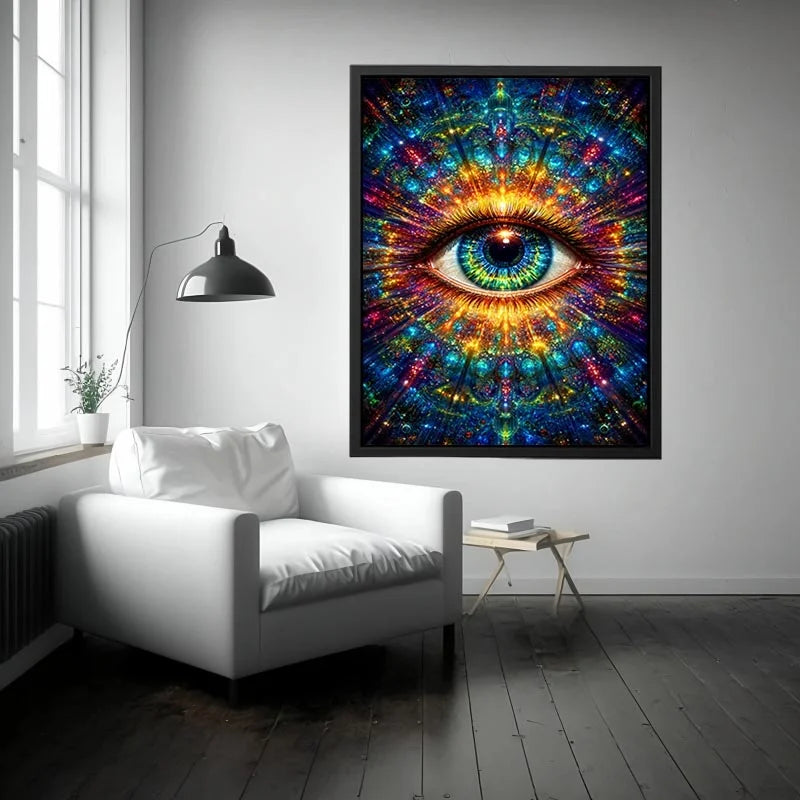 Psychedelic cosmic eye canvas art for modern living room and meditation decor.