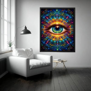 Psychedelic cosmic eye canvas art for modern living room and meditation decor.