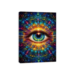 Psychedelic cosmic eye canvas art for modern living room and meditation decor.