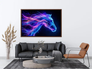 Cosmic neon horse canvas art for modern living room and luxury wall decor.