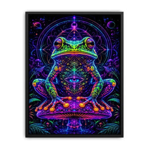 Psychedelic neon frog sitting on a glowing mushroom with sacred geometry and cosmic background