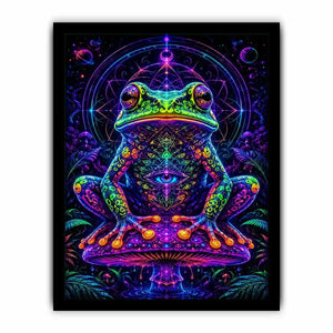 Psychedelic neon frog sitting on a glowing mushroom with sacred geometry and cosmic background