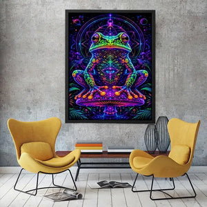 Psychedelic neon frog sitting on a glowing mushroom with sacred geometry and cosmic background