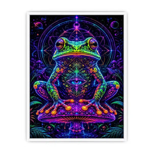 Psychedelic neon frog sitting on a glowing mushroom with sacred geometry and cosmic background