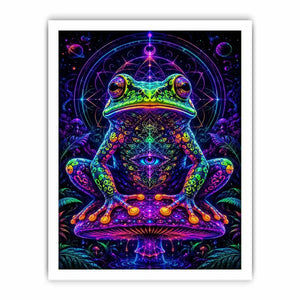 Psychedelic neon frog sitting on a glowing mushroom with sacred geometry and cosmic background