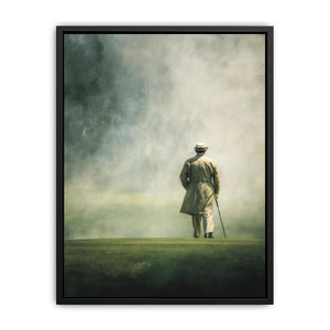 Elegant solitary figure walking into a foggy horizon with minimalist painterly atmosphere