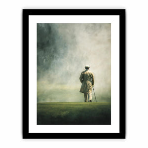 Elegant solitary figure walking into a foggy horizon with minimalist painterly atmosphere