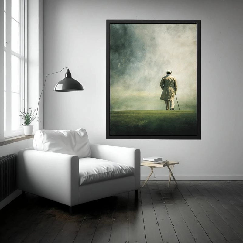Elegant solitary figure walking into a foggy horizon with minimalist painterly atmosphere