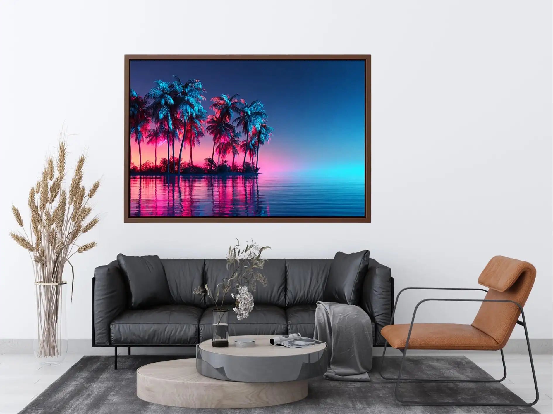 Neon tropical palm trees reflected on calm water with vibrant pink and blue lighting