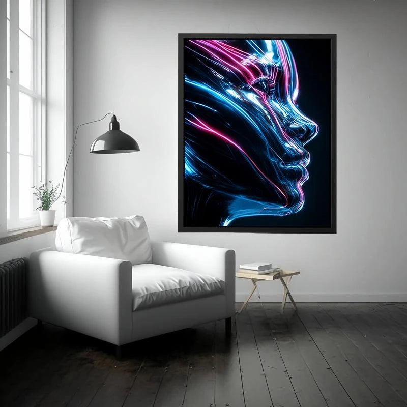 Futuristic metallic human face illuminated with glowing neon blue and pink light trails