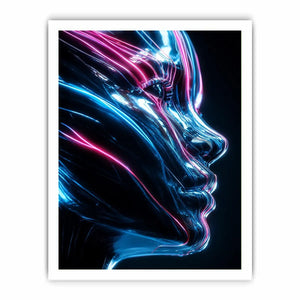 Futuristic metallic human face illuminated with glowing neon blue and pink light trails