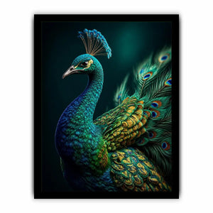 Elegant emerald peacock portrait with detailed iridescent feathers and jewel toned plumage
