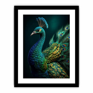 Elegant emerald peacock portrait with detailed iridescent feathers and jewel toned plumage