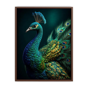 Elegant emerald peacock portrait with detailed iridescent feathers and jewel toned plumage