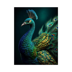 Elegant emerald peacock portrait with detailed iridescent feathers and jewel toned plumage
