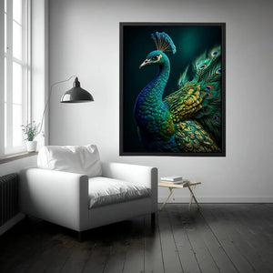 Elegant emerald peacock portrait with detailed iridescent feathers and jewel toned plumage