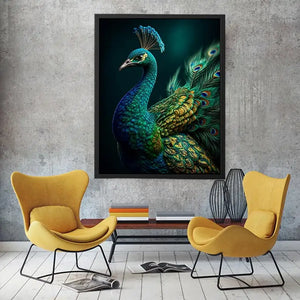 Elegant emerald peacock portrait with detailed iridescent feathers and jewel toned plumage
