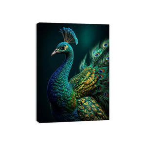 Elegant emerald peacock portrait with detailed iridescent feathers and jewel toned plumage