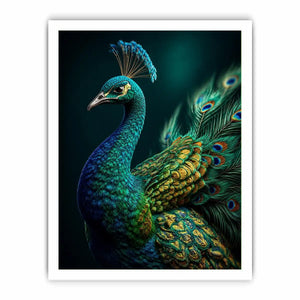 Elegant emerald peacock portrait with detailed iridescent feathers and jewel toned plumage