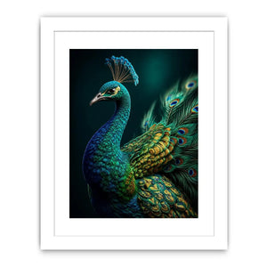 Elegant emerald peacock portrait with detailed iridescent feathers and jewel toned plumage