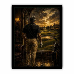 Golfer standing inside a luxury estate overlooking a dramatic twilight golf course