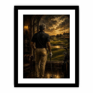 Golfer standing inside a luxury estate overlooking a dramatic twilight golf course