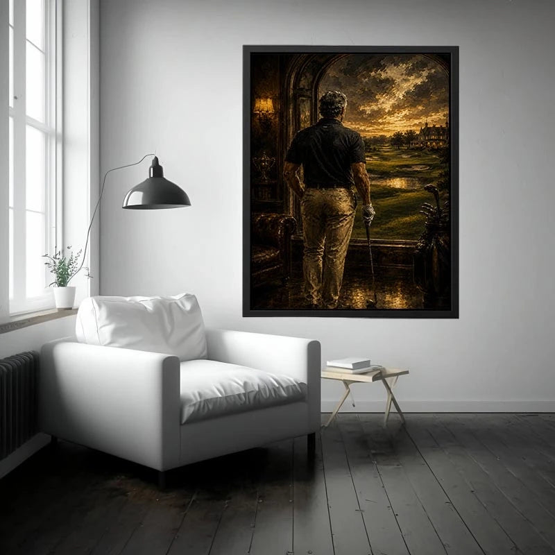Golfer standing inside a luxury estate overlooking a dramatic twilight golf course