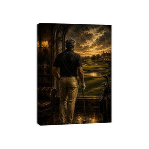 Golfer standing inside a luxury estate overlooking a dramatic twilight golf course