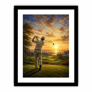 Golfer swinging on a coastal fairway during a glowing golden sunrise
