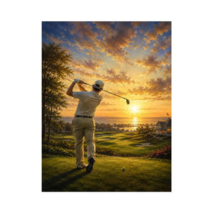 Golfer swinging on a coastal fairway during a glowing golden sunrise