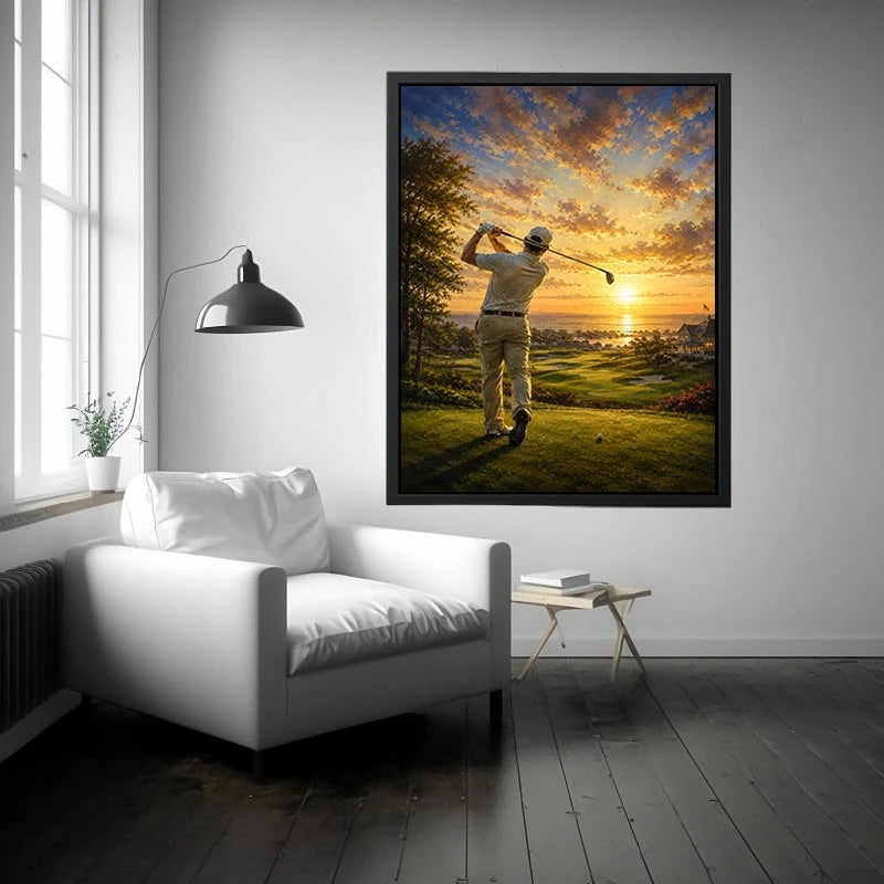 Golfer swinging on a coastal fairway during a glowing golden sunrise