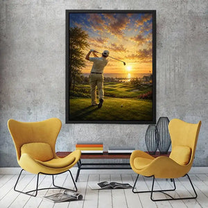 Golfer swinging on a coastal fairway during a glowing golden sunrise