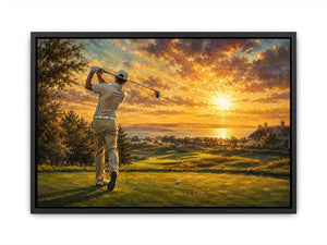 golf course scene with golfer driving beneath radiant golden sunlight