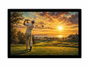 golf course scene with golfer driving beneath radiant golden sunlight